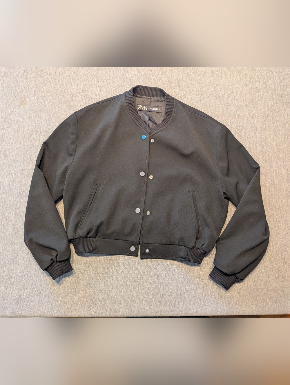 ZARA Women's Black Bomber Jacket Medium Elastic Waist Collarless Snap Closure